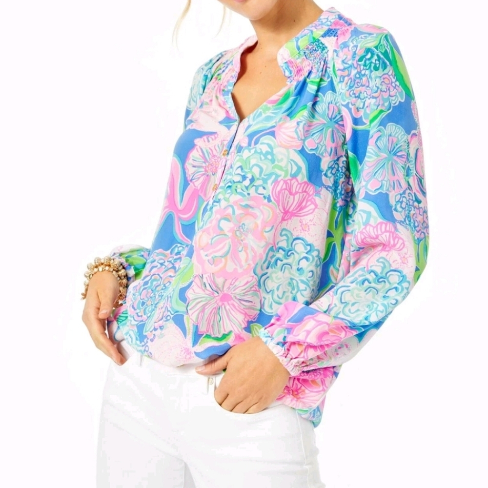 NEW Lilly Pulitzer Elsa Silk Blouse in Peony For Your Thoughts Print